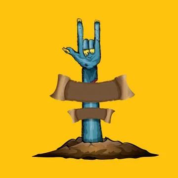 Vector blue cartoon Zombie hand shows rock n roll gesture isolated on orange Stock Illustration