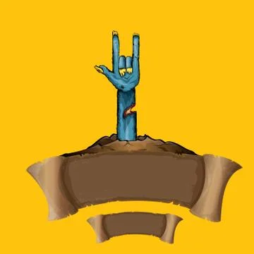 Vector blue cartoon Zombie hand shows rock n roll gesture isolated on orange Stock Illustration