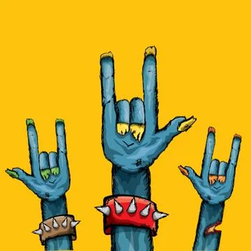 Vector blue cartoon Zombie hand shows rock n roll gesture isolated on orange Stock Illustration