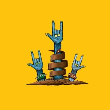Vector blue cartoon Zombie hand shows rock n roll gesture isolated on orange Stock Illustration
