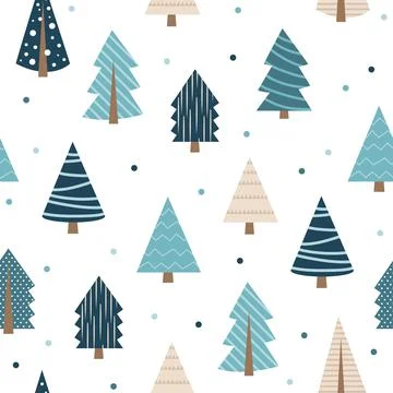 Vector blue christmas tree with snowflakes repeated on white background Stock Illustration