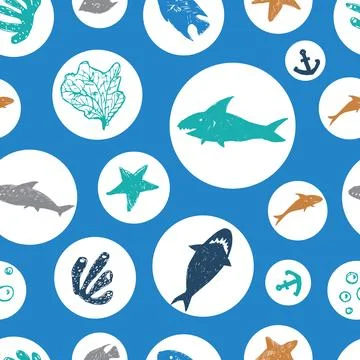 Vector blue circles with colourful cute shark pen sketch repeat pattern. Perf Stock Illustration