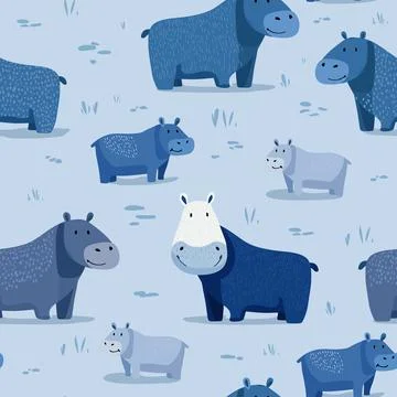Vector blue color seamless pattern with cute hippos on blue field background 스톡 일러스트