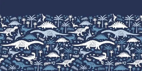 Vector blue dinosaur sketch repeat horizontal border pattern. Perfect for wal Stock Illustration