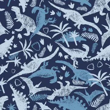 Vector blue dinosaur sketch repeat pattern with chaotic arrangement. Perfect  Stock Illustration