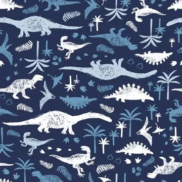 Vector blue dinosaur sketch repeat pattern. Perfect for textile, giftwrap and Stock Illustration