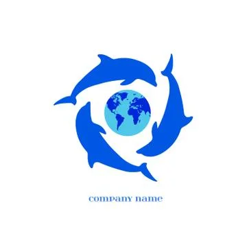 Vector Blue Dolphins Silhouettes around Earth over white Stock Illustration