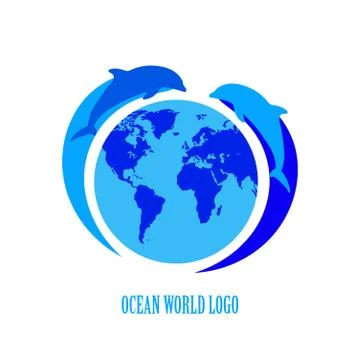 Vector Blue Dolphins Silhouettes around Earth over white. Stock Illustration