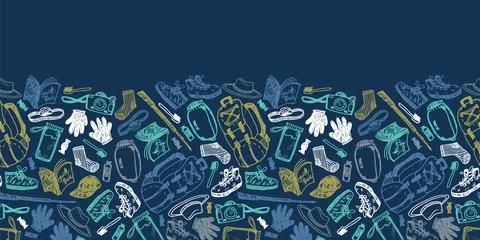 Vector blue doodle sketch horizontal border pattern with objects for trekking 스톡 일러스트