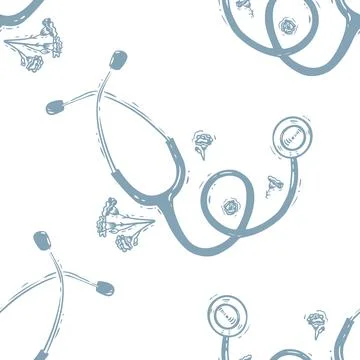 Vector Blue Doodle Stethoscope seamless pattern background. Perfect for fabric Stock Illustration