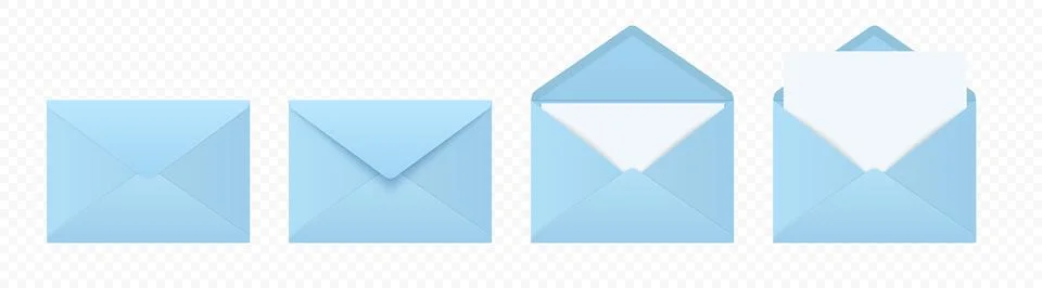 Vector Blue Envelopes with Blank Letter. Folded, Unfolded Isolated Envelope Set Stock Illustration