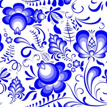 Vector blue floral seamless pattern in russian style gzhel Stock Illustration