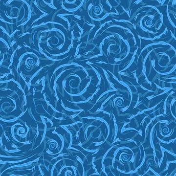 Vector blue geometric seamless pattern of flowing spirals curls and corners Stock Illustration