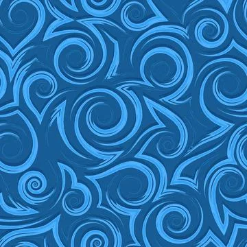 Vector blue geometric seamless pattern of flowing spirals curls and corners Stock Illustration