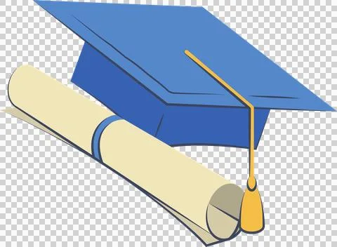 Vector blue graduation cap, tassel and diploma are floating over transparent Ilustração Stock