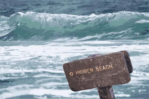 Vector blue green ocean waves and way sign of a coast. Waves crashing . Art deco Illustrazione stock