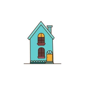Vector blue house with closed curtains icon. Vector Two-storey house with a Stock Illustration
