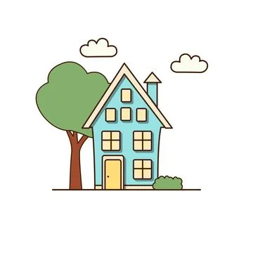 Vector blue house with green tree and white clouds around icon. Vector house Stock Illustration