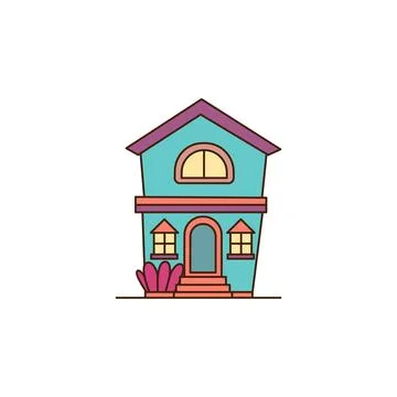 Vector blue house with two floors icon. Vector cartoon house with pink roof and Stock Illustration