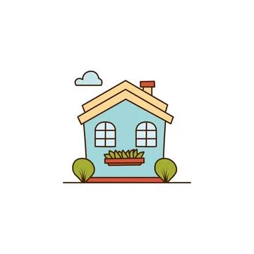 Vector blue house with two windows and Bushes icon. Vector cartoon house with Stock Illustration