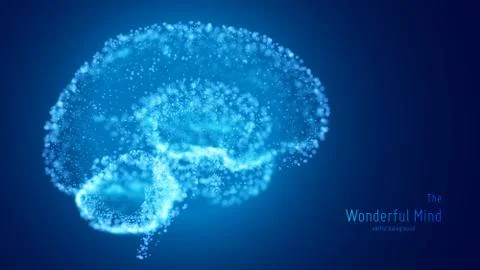 Vector blue illustration of 3d brain with glowing neurons and shallow depth of Stock Illustration