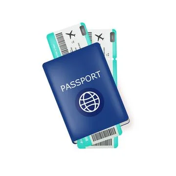 Vector blue international passport with two airplane tickets inside isolated on Stock Illustration