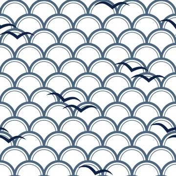 Vector blue Japanese waves with blue birds on white background repeat seamles Stock Illustration
