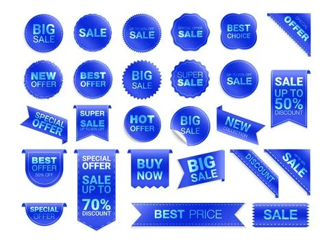 Vector blue labels isolated on white background. Sale promotion, website stic Illustrazione stock