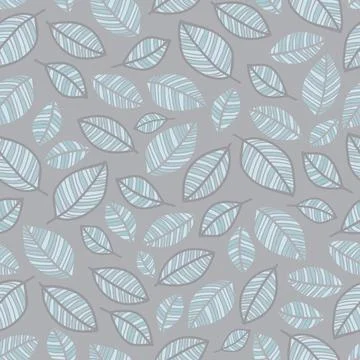 Vector blue leafs on grey seamless pattern print background. Stock Illustration