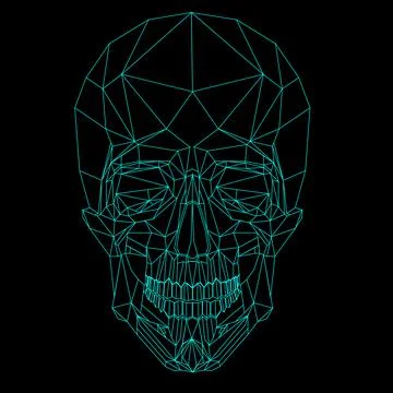 Vector blue line low poly skull with floral wreath on dark gray background Stock Illustration