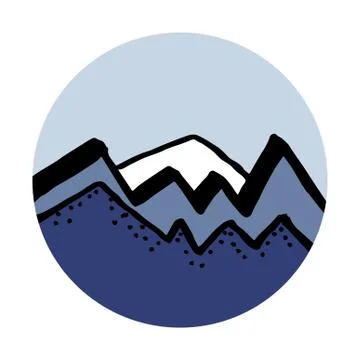 Vector blue mountains in the dusk whith a white snow covered central peak. Round Stock Illustration