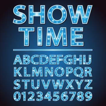 Vector blue neon lamp letters font show cinema or theather Stock Illustration