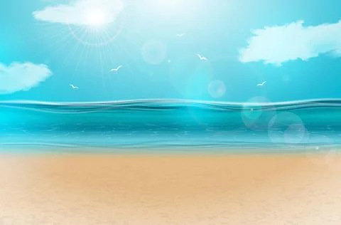 Vector blue ocean landscape background design with cloudy sky. Summer Stock Illustration