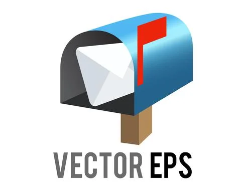 Vector blue open mailbox, letterbox, postbox icon with red raised flag Stock Illustration
