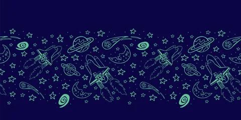 Vector blue outlines space shuttle blast off with stars, moon and comet monoc Stock Illustration