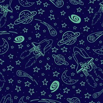 Vector blue outlines space shuttle blast off with stars, moon and comet monoc Stock Illustration