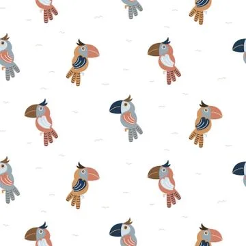 Vector blue parrot bird cartoon seamless pattern. Stock Illustration