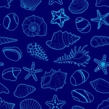 Vector blue pattern of sea shells, stars, stones Illustrazione stock