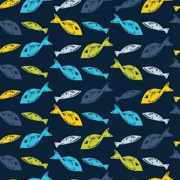 Vector blue pen sketch fish print repeat pattern. Suitable for gift wrap, tex Stock Illustration