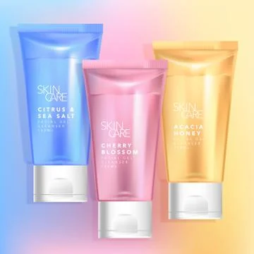 Vector Blue, Pink and Yellow Color Tinted Translucent Beauty Tube Packaging Stock Illustration