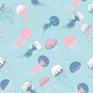 Vector blue pink jellyfish texture background seamless pattern print Stock Illustration