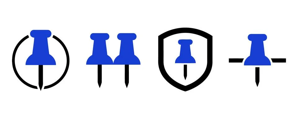 Vector of Blue push pins in various shield and boundary icons Stock Illustration