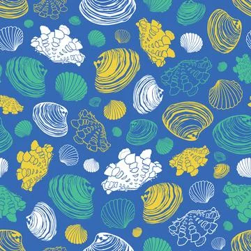 Vector blue repeat pattern with variety of clam seashells. Perfect for greeti Illustrazione stock