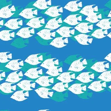 Vector blue school of fish striped repeat pattern. Perfect for fabric, scrapb Stock Illustration