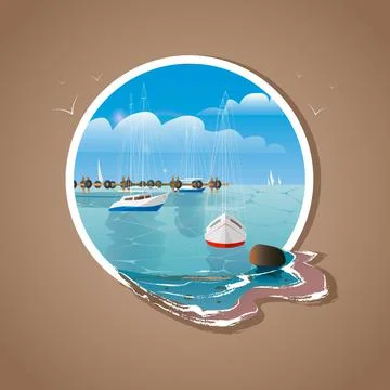 Vector blue sea, sky background and yachts in white frame Stock Illustration