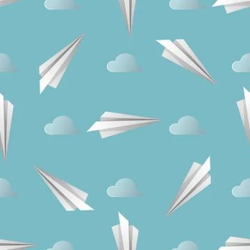 Vector Blue Seamless Background. Pattern of Paper Origami Planes on Sky Blue  Stock Illustration