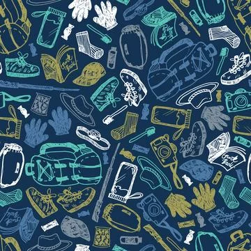 Vector blue seamless doodle sketch pattern with objects for trekking and hiki Illustrazione stock