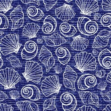 Vector blue seamless fabric texture with seashells pattern. Canvas for embroi Stockillustratie