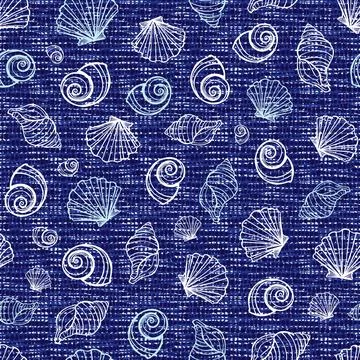 Vector blue seamless fabric texture with various seashells. Canvas for embroi Stock Illustration