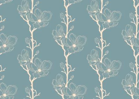 Vector Blue Seamless Pattern with Drawn Cherry Flowers Stock Illustration